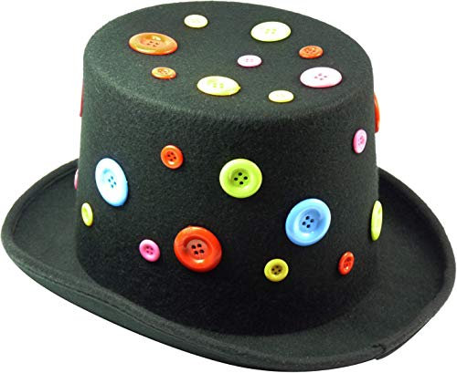 Plitsch Platsch Zylinder Hut für Erwachsene, Byron, Zylinder, Kopfbedeckung, Accessoire, Motto Party, Karneval, Zirkus, Geburtstag, Zauberer (schwarz m. bunten Knöpfen, 59 cm)