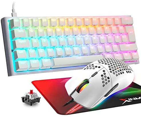 MAGIC-REFINER 60% Gaming Keyboard and Mouse Combo, RGB Mechanical Keyboard,Lightweight Gaming Mouse, 62 Keys USB C Wire Mice 12000 DPI for Win/Mac/PC, UK Layout (White/Red Switch)