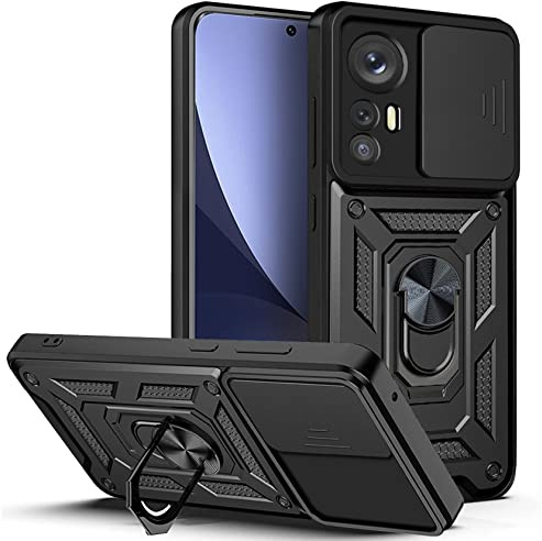 AENOCH Funda para Xiaomi 12 Pro con Tapa de Cámara y Soporte de Anillo [Funciona con Soporte Magnético para Coche] Carcasa Anti-caída Grado Militar, Negro