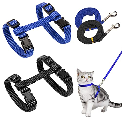 2 Stück Verstellbare Nylon Geschirre Katzenleine, Geschirre Katzenleine Kätzchenhalsband,Blau Weiche Katzengeschirr mit Leine für Kätzchen Welpe Kaninchen Hase