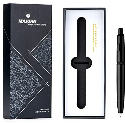 Personalized Majohn A1 Matte Black Metal Press Fountain Pen Set, Retractable Extra Fine Nib 0.4mm for Office Business Writing, Engraved with Your Name (No Clip Version)