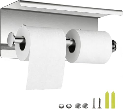 Porte Papier Toilette, SUS 304 Stainless Steel Porte-Papier hygiénique Double Rouleau avec étagère pour téléphone, Stockage épargné, Finition chromée polie