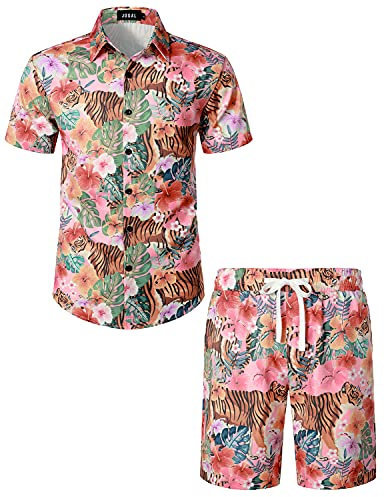 JOGAL Chemise hawaïenne pour homme - Chemise à manches courtes et pantalon court - Tenue de plage - Chemise d'été pour homme, Tigre rose, L
