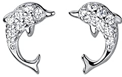 Winzige Delfin Ohrstecker S925 Sterling Silber Zirkonia Tier Fisch Ohrring Ohrstecker Post Cartilage Piercing Hypoallergen Niedlich Schmuck für Frauen Mädchen