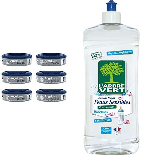 Angelcare - Dress Up - Recharges Octogonales pour Poubelle à Couche Dress up/Essential - Anti Odeurs et Grande Capacité - Lot de 6 & L'Arbre Vert Liquide Vaisselle Peaux Sensibles Biberons 750 ml
