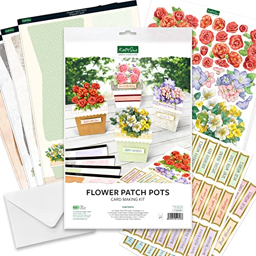 Katy Sue Designs Flower Patch Pots Card Making Kit. 8 Cards, 8 Envelopes, 3 Die Cut Decoupage Paper Sheets, Adhesive Pads, & 2 Sheets of Birthday Sentiment Banners for Card Making Supplies