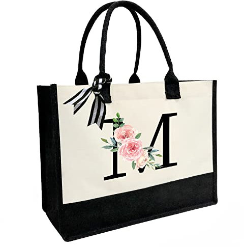 JOJHDR Strandtasche aus Segeltuch mit aufgedrucktem Buchstaben, personalisiertes Geschenk für Frauen, Mutter, Freunde, Lehrer und Brautjungfern, Bm, Small