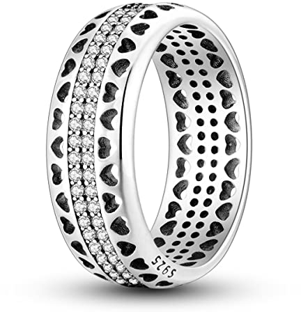 NARMO Ringe für Frauen - Herz Ringe mit Breite Band aus 925 Sterling Silber, Cubic Zirkonia Steine, Größe 60mm