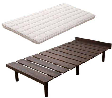 EMOOR Japanische Futon-Matratze Machi und Futonbett OSMOS Set 100 x 200 cm, Kaffee-Braun, 3 Höhen Verstellbar, Einfach zu Montieren, Japanisches Schlafbett Tatami-Matte Holzlatten-Bett Palettenbett