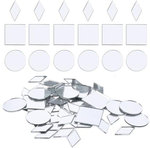 Prasacco 120 Stück Kleine Spiegel zum Basteln - 3 Formen Handwerk Mini Fliesen Mosaik Glasspiegel für DIY Dekoration (Rund + Raute + Quadrat)