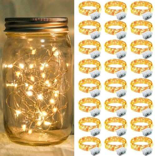 chzk 24 Pack Yellow Fairy Lights 7Ft 20 LED Twinkle String Lights 3 Modes Battery Operated Waterproof Firefly Starry for Mason Jar Party Wedding Christmas Valentines Day Table Centerpieces