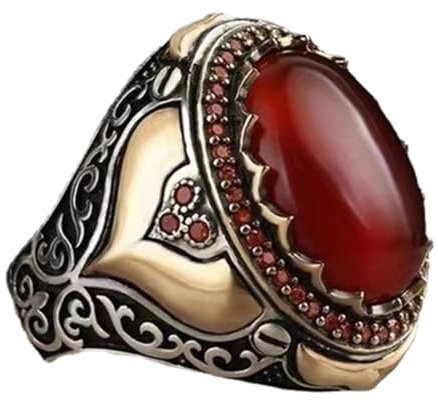 BISONBLUE Ringe Herren Ring Damen Männer Rings Geschenk Herrenring mit rotem natürlichem Achatstein, Vintage-Königskronenringe für Damen, Geschenk 13
