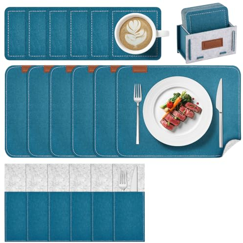 Witnewrage Tischsets Filz, Platzsets Abwaschbar, Doppelseitigen Platzdeckchen, 19er Set: 6 Platzsets, 6 Untersetzer, 6 Bestecktasche, 1 Filzbox - Retrogrün Hellgrau