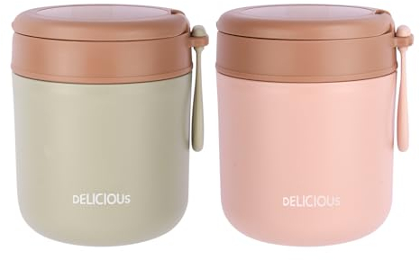 Nivofu Termo para Comida 430ml, 2 Piezas Termo para Alimentos de Acero Inoxidable, Recipiente Térmico para Comida con Cuchara Plegable, Contenedor Térmico, para NiñOs y Adultos - Verde&Rosa