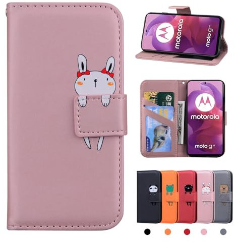Rostsant Coque Motorola Moto G24 2024 Housse Pochette en Cuir Etui Portefeuille Fermeture Magnétique Protection Lapin Rose