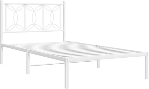 vidaXL Bettgestell, Bett mit Kopfteil, Bettrahmen mit Lattenrost Mittelfüßen, Metallbett Einzelbett für Schlafzimmer, Metall Weiß 100x190cm