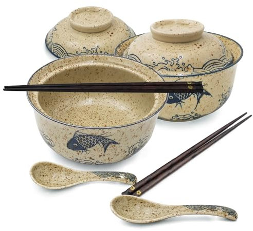 Ceramic Ramen Bowl Tableware Set for 2 Person, Japanese Style Retro Ramen Bowls Set 800ml Noodle Bowl with Chopsticks and Spoons, Asian Soup Bowls with Lid for Microwave & Dishwasher Safe, Japan Fish