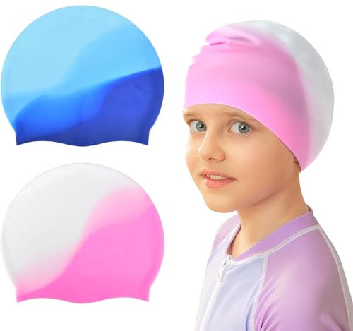 Dokeno 2 Pièces Bonnet de Bain pour Cheveux Long, 20x24cm Bonnet de Natation en Silicone Unisexe, Bonnet de Piscine Femme Imperméable, Bonnet Extensible et Confortables pour Enfants, Garçons et Filles