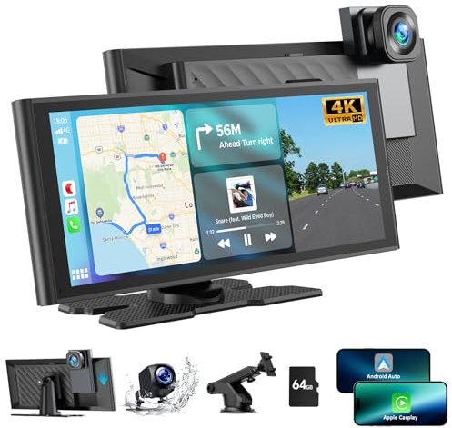 HOTPEAK 9.26'' Carplay Screen for Car with 4K Dash Cam, 1080p Backup Camera, Portable Car Stereo for Apple Car Play Android Auto Wireless, Mirror Link, GPS Navigation, G-Sensor, Loop Recording, AUX,FM