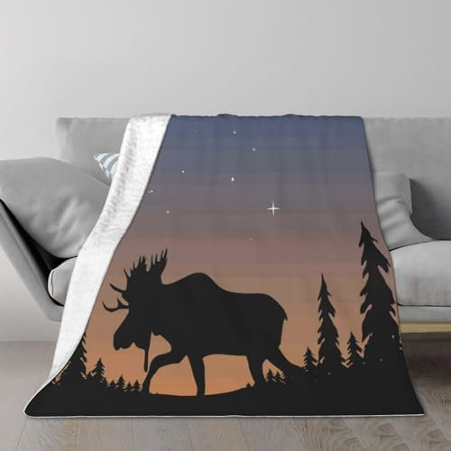 WOTDKG Decke mit Hirsch-, Berg-, Kiefernbaum-, Wildnis-Motiv, bedruckt, 153 x 204 cm, Anti-Pilling-Decke, Überwurf für Bett, Wohnzimmer, Sofa, Couch
