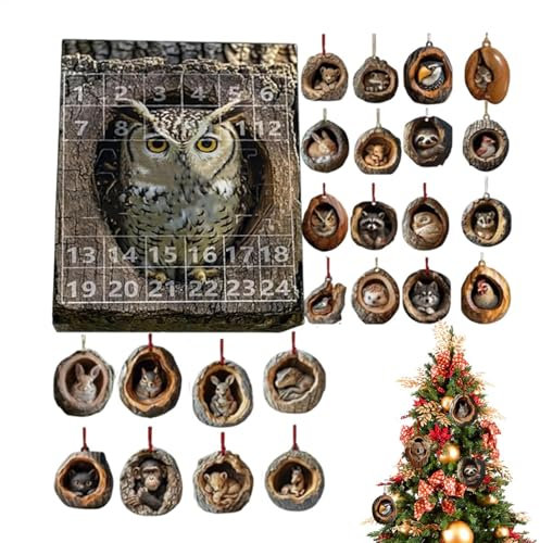 Weihnachts Tier Adventskalender, 24 Acryl Weihnachtsbaum Loch Tier Anhänger, Waldtier Weihnachtsbaum Anhänger Countdown Kalender Geschenke Für Tierliebhaber