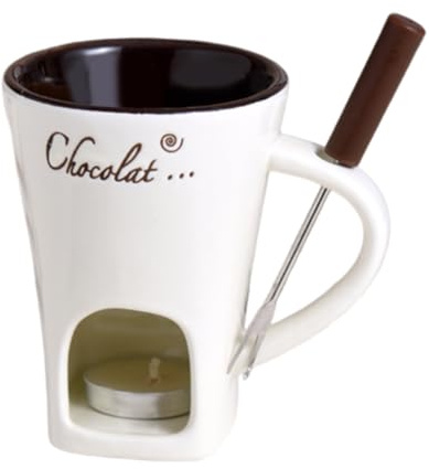 ARSBORUI Schokoladen Fondue Becher, Schokoladenfondue Set, Teelicht Schokofondue Tasse aus Keramik, Kleines Fondueset für Schokolade Käse, Schokoladen Fondue Tasse mit Edelstahl Gabeln (Beige)
