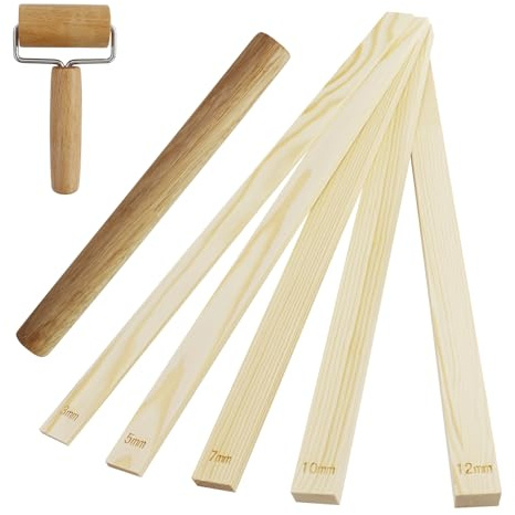 11 Pezzi Spessori Mattarello con Bastone copertura(3 /5/7/10/12 mm),Guide Mattarello in Legno,Set profondità in argilla polimerica,Strumenti in Ceramica Rettangolari,per argilla