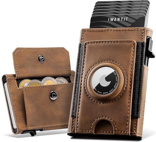 IWANTIT Airtag Wallet mit Großes Münzfach I Geldbeutel für 6-7 Karten I Slim Geldbörse Herren mit RFID Schutz I Pop-up Smart Geldbeutel I Kartenetui mit Air Tag Fach I (Braun)