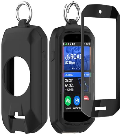 Ermorgen Hülle Kompatibel mit Garmin Edge 1050 Silikonhülle und Schutzglas Weiche Silikonhülle All-Inclusive Stoßfester Schutz mit Schlüsselring + 1 Displayschutzfolie auf Glas - Schwarz