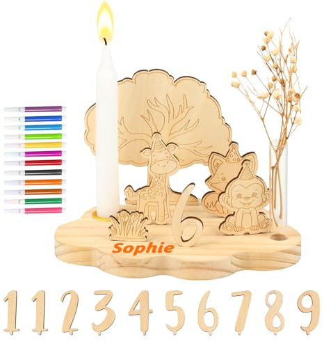 Personalisierter Geburtstagsteller mit Namen,DIY Geburtstagsteller Holz mit Kerzenhalter Aquarellstift Wildtiere Kunststoff Reagenzgläser Jahreszahlen 0-9 Geburtstagsgeschenk Kinder (Form der Wolke)