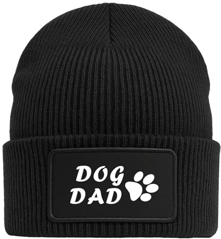 Huuraa Beanie Dog Dad Tapse Geschenk | Black Geschenkidee Schwarze Rippstrick Wintermütze mit austauschbarem Klett Patch
