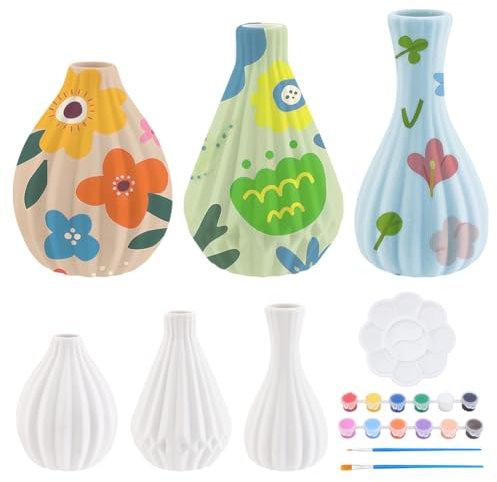WEBEEDY 3 Sets Ceramic Vase Paint Kit Paint Your Own White Striped Ceramic Vase Adults Ceramic Painting Kit Includes Paints,Paintbrushes and Instruction for Beginner Home Windows Table Decoration