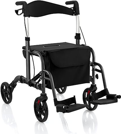 HOMASIS 2 in 1 Rollstuhl Rollator faltbar & leicht mit Sitz, Gehhilfe 6-fach höhenverstellbar, Alu Gehwagen mit Fußstützen, bis 136 kg, Reiserollator Laufhilfe mit Stockhalter & Tasche (Schwarz)
