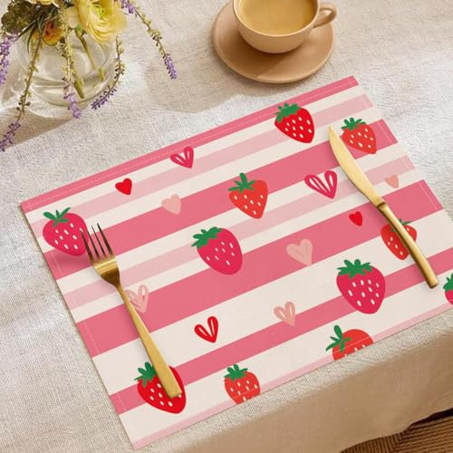 4 Pezzi Sottopiatti Fragola A Forma Di Cuore Carino A Strisce, Tovagliette Lavabili, 30 x 45 cm Tovagliette Rettangolari Stampate in Lino, Adatto a cucina, soggiorno, sala da pranzo, bar (Rosa)