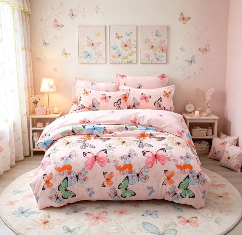 Loussiesd Butterfly Duvet Cover Sets King Size Girls Women Pink Bedding Set Decorative Microfiber Polyester Animal Print Comforter Cover Set with 2 Pillow Shams Lightweight 3 Pieces Zipper