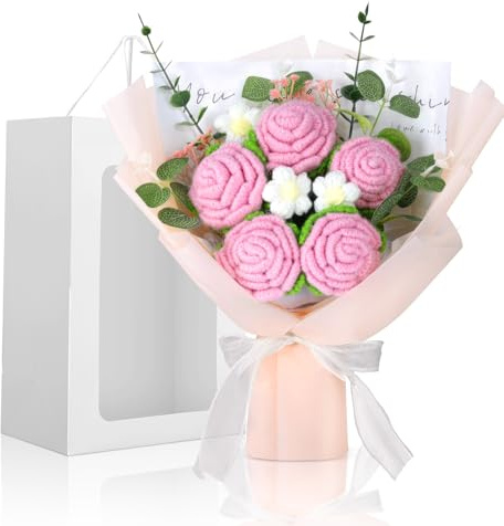 Foyucool Gehäkelter Blumenstrauß, Handarbeit in Hellrosa | Mit Geschenktüte, liebevoll handgefertigt – ein schönes Geschenk zu Weihnachten, Muttertag und Valentinstag.