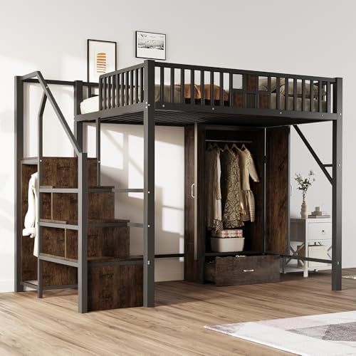Ligterra Hochbett 140x200cm, Jugendbett, Doppelbett-Metall, mit Markantem Geländerdesign aus Holz & Metallgitter, mit Großem Kleiderschrank, Schubladen & Aufbewahrungsleiter (Schwarz)