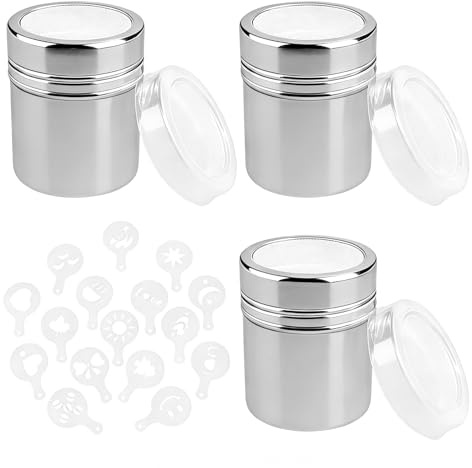 3 Pcs Stainless Steel Powder Shaker, 16 Coffee Stencils Sugar Dispenser | Set, Piece, Flour, Icing Shaker, for Baking Cocoa Cinnamon Coffee