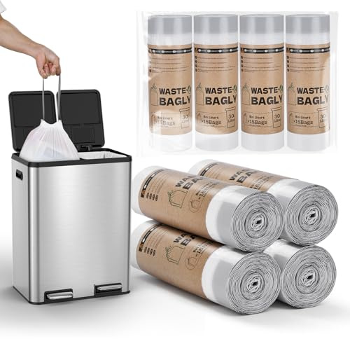 YEAUPE PRO Sacs Poubelle 30L avec Liens Coulissants, 60 Pièces, Sacs Poubelle Extra Épais et Résistants à la Déchirure, Pré-découpés pour Poubelles de Cuisine, Taille L 53 x 74 cm, Blanc