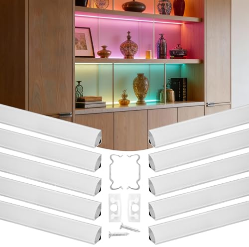 VEVOR Profilé Aluminium LED en V 2 m Lot de 10 Canal LED pour Ruban Lumineux Éclairage sous Meuble Cuisine, avec Diffuseur en PC Blanc Laiteux, Embouts et Clips de Fixation, Aluminium Anodisé Argent