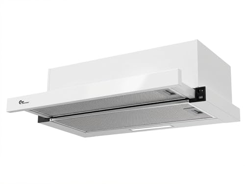 Thermex York IV - Dunstabzugshaube 60 cm, Ausziehbar, Weiß | Flachschirmhaube, 2 Stufen, 157-317 m³/h, 43-61 dB, Schalter, Microswitch im Auszug, 2 Alufilter, Ø150