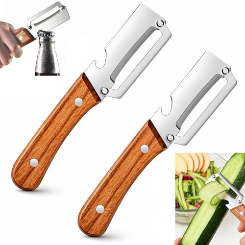 Multi-Functional Vegetable Peeler for Kitchen, Stainless Steel Multifunctional Peelers, Zero Snag Wooden Peeler, 2-in-1 Multifunctional Stainless Steel Peeler with Bottle Opener, for Kitchen Prep