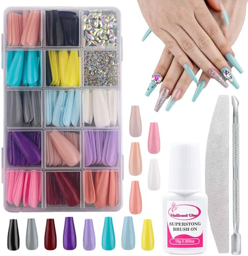 15 Grid Long Coffin Press On Nails Kit, Glossy Long False Nails with Nail Rhinestones, Glue, Cuticle Pusher & Nail File, Full Cover DIY Nail Art Kit for Women