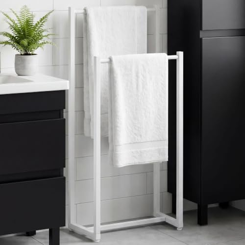 CLP Porta Asciugamani Taunton Senza Forare, Piantana da Bagno Autoportante in Metallo, Porta Accappatoio Stretto con Due Barre | Colore Bianco