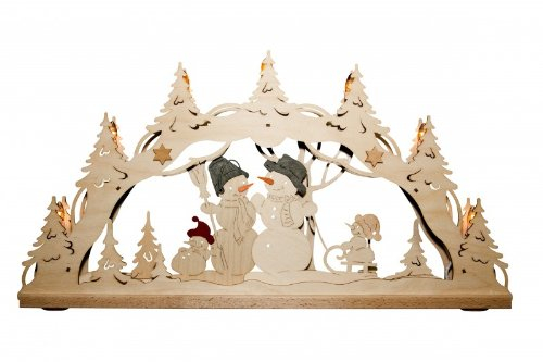 Erzwelt Original Erzgebirge 3D Schwibbogen Schneemannfamilie im Wald 7 Kerzen Lichterbogen, Holz, Beige, 32 x 56 x 5 cm