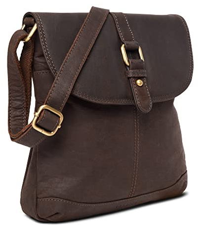 LEABAGS Leder Handtasche Damen I Premium Echtleder Umhängetasche I Damen Schultertasche I Damentasche I Tragetasche für Arbeit Uni Schule Freizeit I 27 x 23 x 6 cm I Nature Dunkelbraun