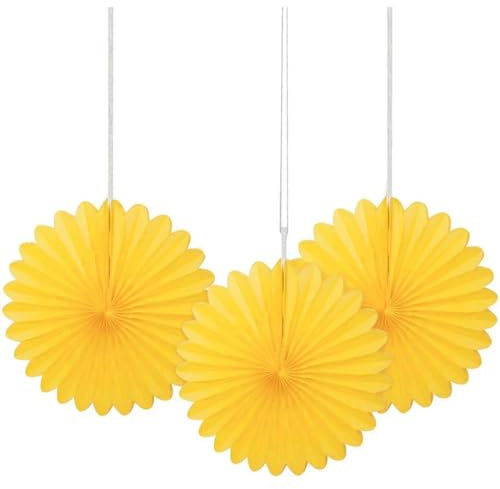 Sunflower Yellow Solid Tissue Paper Fans (15cm) 3 Pieces - Vibrant Hanging Decorations for Parties & Events