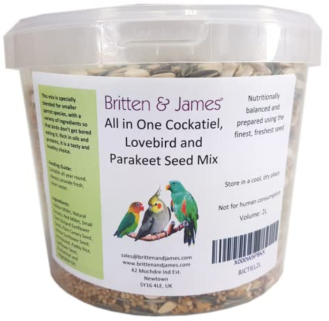 Premium Seed Mix for Cockatiels, Lovebirds & Parakeets by Britten and James | The Best 'all in one' Mix in a Stay Fresh 2L tub (1.6kg). Nutritionally Balanced and Prepared using the Finest Seed