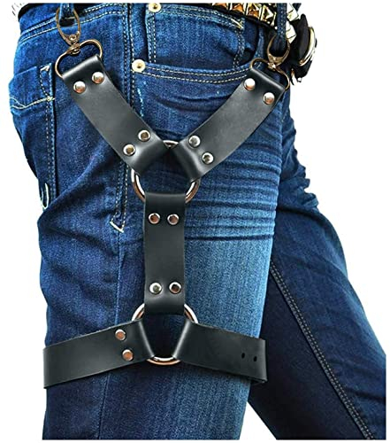 keland Sexy Punk Leder Hosenträger Käfig Bein Strumpfband Damen oder Herren Gürtel verstellbare Schnalle Riemen (Schwarz-B)