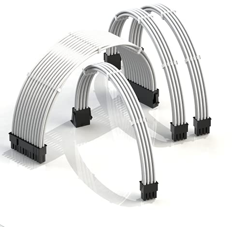 LINKUP - AVA 30cm Cable con Manguito - Prolongación de Cable para Fuente de Alimentación con Kit de Alineadores | 1x 24P (20+4) MB | 1x 8P (4+4) CPU | 2X 8P (6+2) GPU | 300mm - Blanco